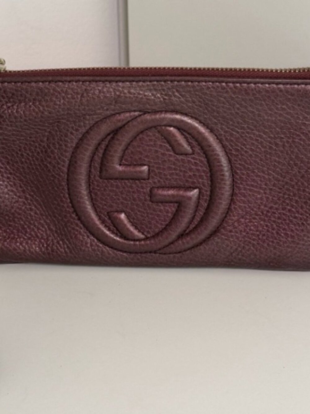 Gucci Soho Wristlet Clutch Burgundy Zipper Strap Pouch